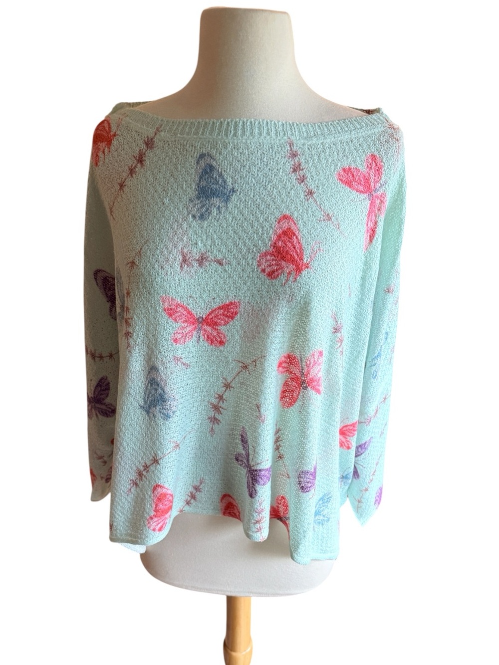 POL Oversized Cropped Mint Blue Boat-Neck Sweater with Pink & Purple Butterfly L